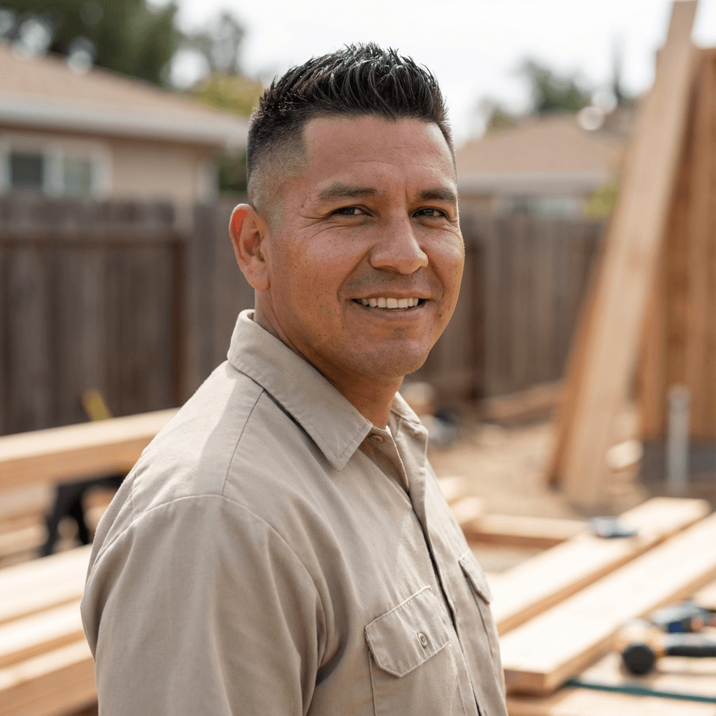 Smiling man in a tan work shirt at an outdoor construction site with wooden lumber.
