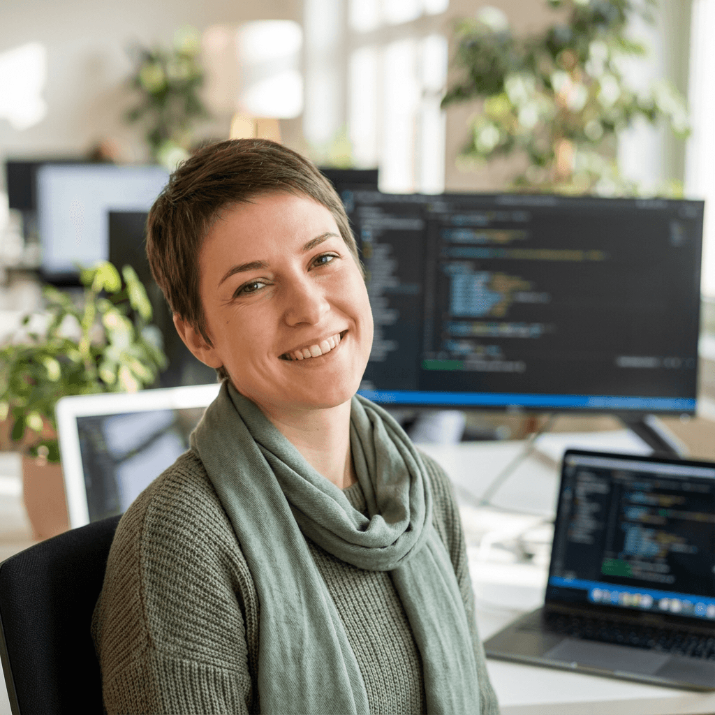 Smiling woman with short hair in a green sweater sitting before computer monitors displaying code.