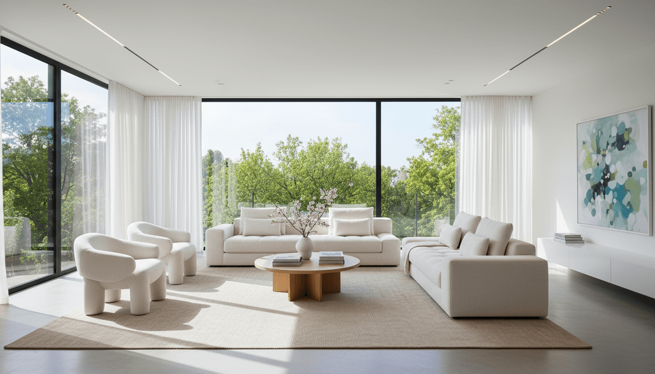 Bright modern living room with clean sofa and natural light