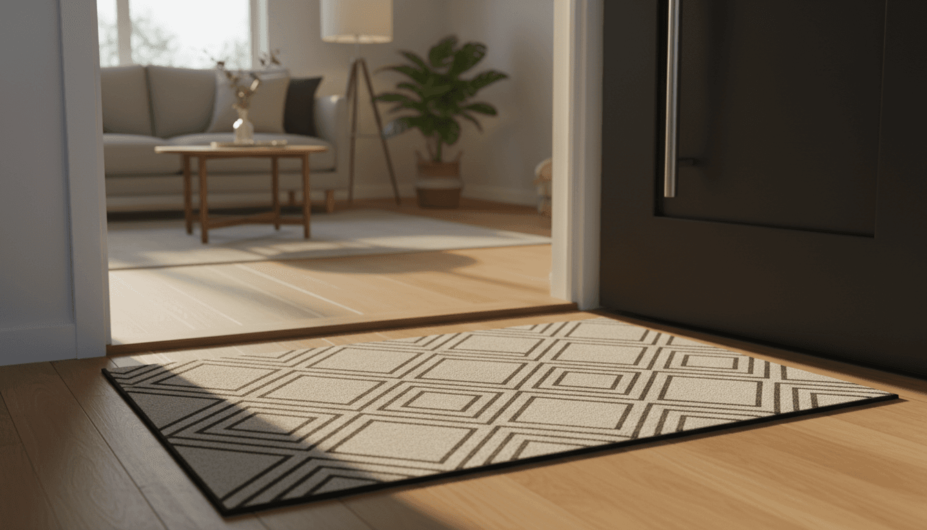 Contemporary geometric patterned doormat positioned at residential front door threshold during golden hour sunlight, showing product in home setting