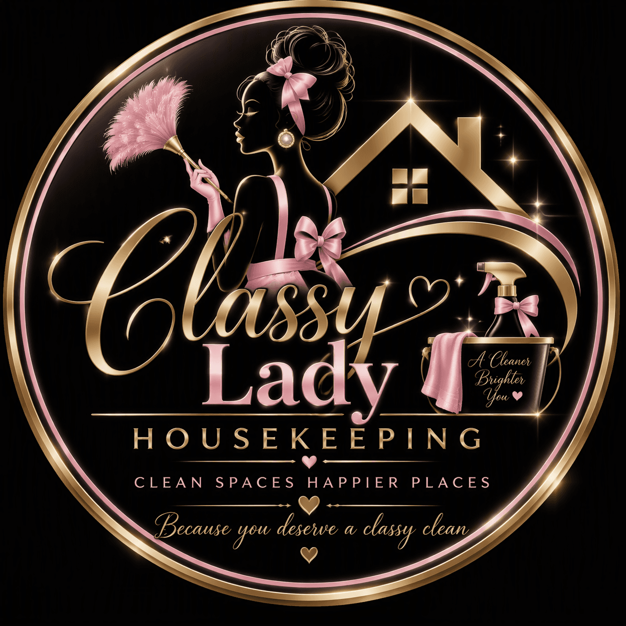 Circular gold logo for Classy Lady Housekeeping featuring a woman's silhouette and pink feather duster.